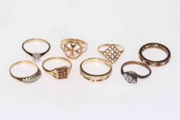 Collection of eight 9 carat gold rings.