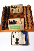 Jaques London chess board together with two chess sets, part chess set and set of draughts.