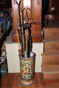 Porcelain stick stand with walking canes including horn, yard stick, knotted wood,