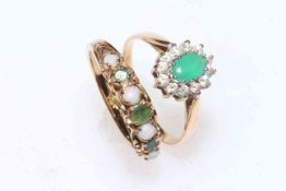 9 carat gold, emerald and opal ring, and 9 carat gold, emerald and diamond ring (2).