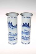 Pair 19th century Chinese blue and white cylindrical vases with four character marks to base, 26cm.