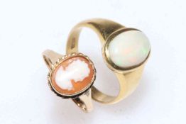 18 carat gold gents opal ring, size R/S, and 9 carat gold cameo ring (2).