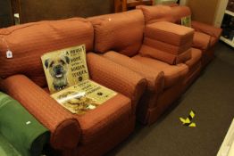 Wesley Barrel three piece lounge suite and box footstool in rose pink fabric.