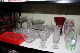 Mary Gregory style green glass decanter, antique goblet glasses, opaque vase, Nachtmann red vase,