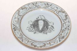 Chinese armorial plate decorated with portraits and crest and dated verso 1756, 23.5cm diameter.