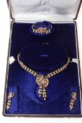 Sapphire and pearl set suite of jewellery set in unmarked and ungraded yellow gold,