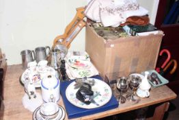 Two barometers, pottery stick stand and two brollies, books, assorted china, linen, etc.