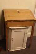 Waxed pine slope top desk and painted Georgian corner wall cupboard (2).