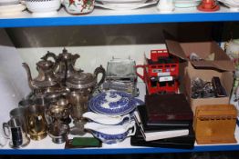 Cased cutlery, silver plated wares including teapots, souvenir spoons, Diecast tram.