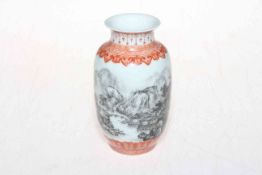 Chinese porcelain vase having monochrome landscape within iron red borders, 12cm high.