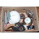 Box of collectables including Military gas mask, helmet, fishing reel, three Bols houses, clock,