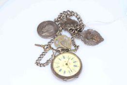 Continental pocket watch with silver albert having attached WWI medal for 287704 G. Young SPO R.N.