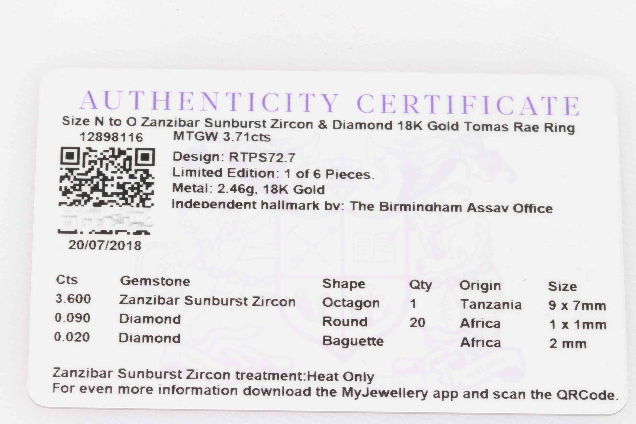 Zanzibar Sunburst Zircon and diamond ring set in 18 carat yellow gold, size N/O, with certificate. - Image 2 of 2