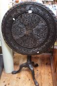 Victorian circular carved snap top occasional table on pedestal triform base, 71cm by 66cm diameter.