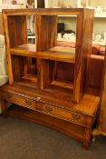 Hardwood four division cube display unit and burr two drawer low centre table.