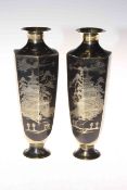 Pair late 19th Century Japanese metal hexagonal vases with pagoda and dragon decoration, 24cm high.