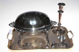 Silver plated muffin dish on stand, single candlestick, cutlery, etc.