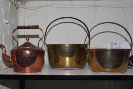 Victorian copper kettle and two brass jam pans.