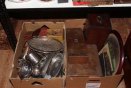 Five boxes of metalwares, ceramics, wooden boxes, etc.