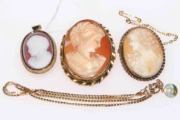 9 carat gold mounted cameo pendant brooch, together with two other cameo brooches, one silver,