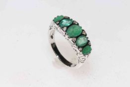 14k white gold and five stone emerald ring with eight small diamonds, size M, with certificate.