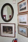 Oval framed wall mirror and six various pictures including landscape watercolour,