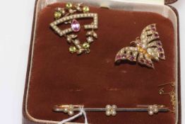 Ruby and seed pearl 9 carat gold butterfly brooch, another 9 carat gold pendant/brooch with peridot,