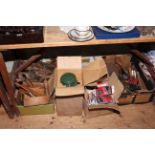 Wood planes, saws, blow lamps, paraffin heater, vintage Phillips stick on soles, etc.