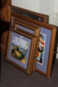 Collection of eight various pictures including August Macke prints and two brass desk lamps.