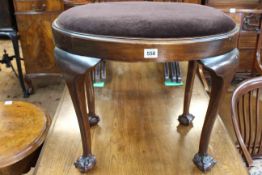 Oval mahogany dressing stool on ball and claw legs.