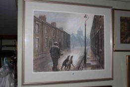 Norman Cornish (1919-2014), Man with Greyhounds on Edward Street, pastel, 53cm by 70cm, framed,