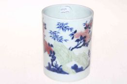 Chinese brush pot with prunus and rocks decoration, 13cm.