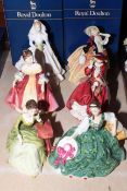 Six Royal Doulton ladies with boxes, Carolyn, Southern Belle, Elyse, Top O' the Hill,