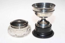 Silver topped crystal toilet jar, and silver trophy on plinth (2).