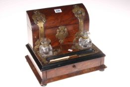 Victorian walnut ebonised and brass bound ink stand with drawer and filing compartment.