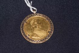 1915 Austria 4 Ducat gold coin in a 9k pendant mount.