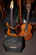 Revelation RTX electric guitar and Marshall amp, and Giannini acoustic guitar.