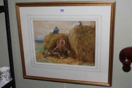 John Atkinson (1863-1924), Haytime, watercolour, 27cm by 37cm, framed.