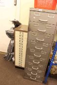 Two metal index cabinets and box of tools (largest cabinet 132cm high by 38cm wide by 62cm deep).