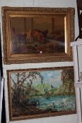 Large collection of paintings and prints including oil paintings, needlework, overmantel mirror,