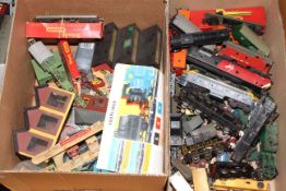 Hornby and Triang railway pieces in four boxes including well used Goods Set No. 20, etc.