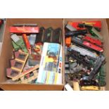 Hornby and Triang railway pieces in four boxes including well used Goods Set No. 20, etc.