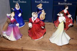 Six Royal Doulton ladies with boxes, Melissa, First Bloom, Moonlight Stroll, The Skater,