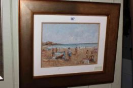 Michael Ewart (1940-), Busy Beach, oil on board, 23cm by 32cm, framed.
