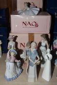 Collection of seven Nao figures including Ballerina Sentada and Jugando Con El Viento,