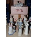 Collection of seven Nao figures including Ballerina Sentada and Jugando Con El Viento,