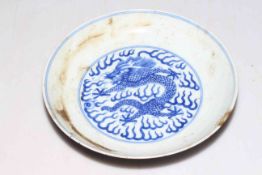Chinese blue and white shallow dish with dragon decoration, six character mark, 20cm diameter.