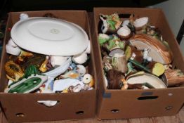Three boxes of Hornsea, sitting hens, ships in bottles, glasses in box, wooden bowls, etc.