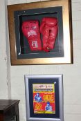 Framed autographed boxing gloves signed by Bluy Hardy with accompanying framed event programme.