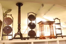 Three cakestands, yew nest of three spider leg tables and mahogany tripod torchere (5).